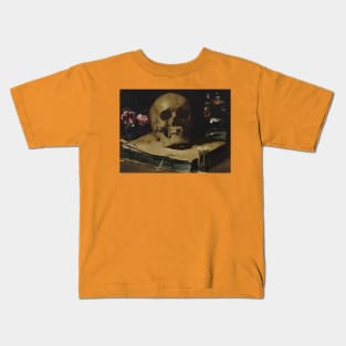 Guercino Still Life Skull Book Hourglass Flowers Kids T-Shirt